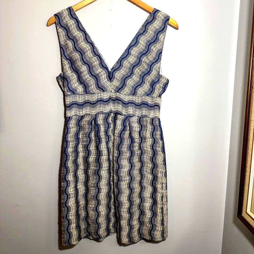 WALTER Blue White Textured Zig Zag V-Neck Dress Silk Lining Cotton Linen Blend 2